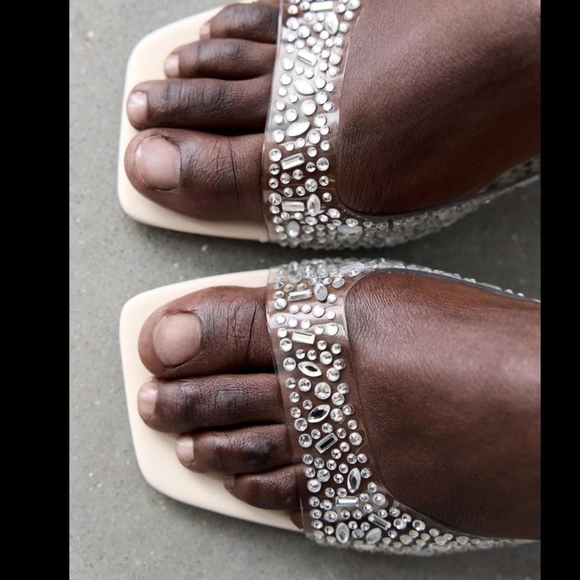Zara White and Cream Rhinestone Vinyl Square-toe Heeled Sandals - Picture 7 of 8